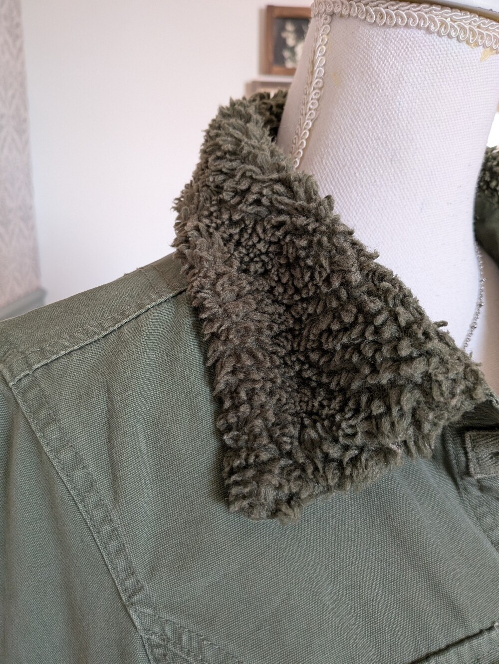 Tulle Y2K Olive Utility Jacket Sherpa Collar Military Cargo Coat L - Picture 4 of 11